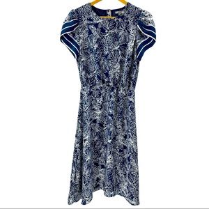 H&M Navy Blue White Floral Puff Shoulder Midi Dress